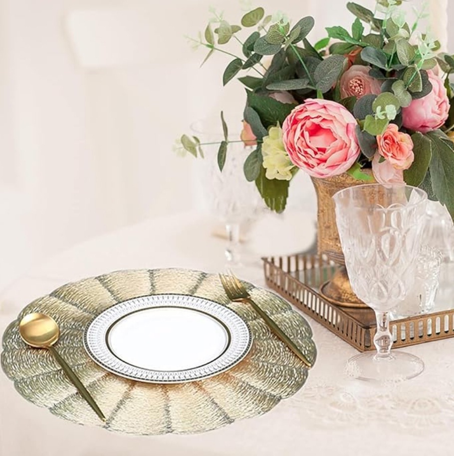 Table Mat Round Shape| Table Mat Round | Cutwork Design Mat | Dining Table Mats | Dressing Table Mats | Bed Side Table Mats (Chakra Gold, ) - Polyvinyl Chloride